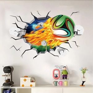 Detailed view of 3D fire soccer wall sticker with broken brick effect for room decoration