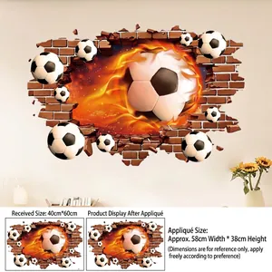 3D soccer wall sticker with flaming ball and red brick crack effect, 40x60cm size detail