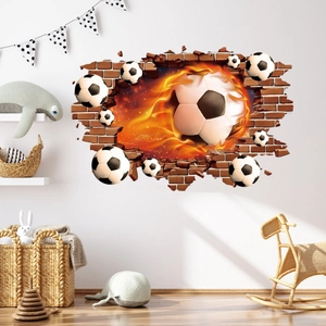 3D football wall decal with realistic flaming soccer ball breaking through brick wall