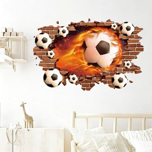 Detailed 3D soccer wall sticker with flaming ball effect breaking through a brick wall