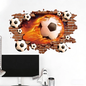 Detailed 3D soccer wall decal featuring a flaming football breaking through a brick wall