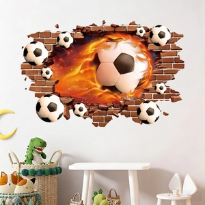 3D football wall sticker with flame effect breaking through red brick wall in kids room