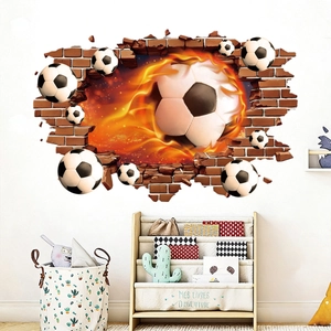 3D football wall sticker with flame effect breaking through red brick wall for decor