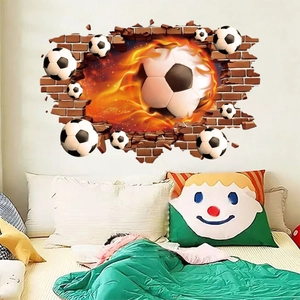 3D flame soccer wall decal with red bricks effect on a bedroom wall decoration