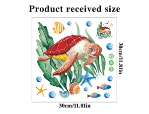 Macro view of ocean turtle and tropical fish wall decals in watercolor PVC style