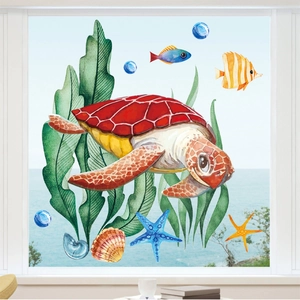 Sea turtle and tropical fish watercolor wall stickers for home glass decoration