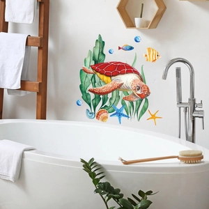 Sea turtle and tropical fish wall stickers in a modern bathroom home decor setting