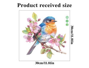 Detail showing 30x30cm watercolor bird and flower window sticker dimensions