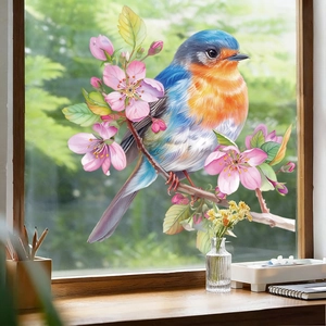Colorful bird on blooming flower branch window sticker for home glass decoration