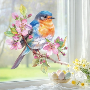 Detailed watercolor bird and pink flower window sticker on glass with festive decor