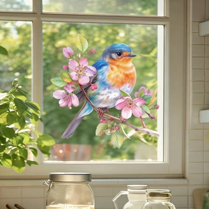 Floral window decal with a blue and orange bird on pink cherry blossom branches