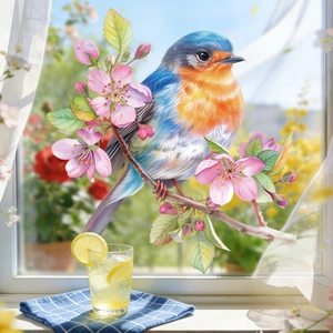 Close-up of a decorative window sticker with a vibrant bird and pink floral design