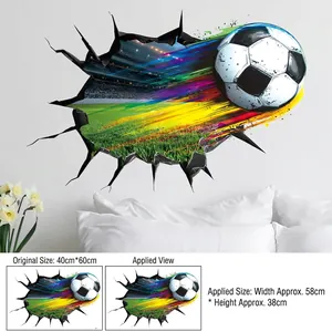 3D soccer wall sticker with rainbow tail effect through cracked wall, size 58x38cm