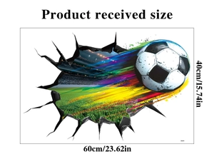 Detail view of 3D football wall sticker showing dimensions 60x40cm with broken wall design