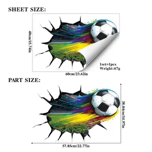 3D football wall decal showing broken wall effect with dimensions 60x40 cm for room decor