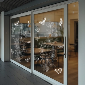 Weiße Blumen- und Schmetterlings-Sticker für Glastüren mit feinen Linien als Dekoration