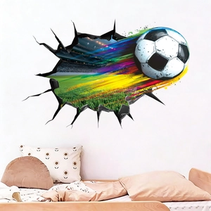 Detailed 3D soccer ball wall sticker showing broken wall effect in a kid's bedroom