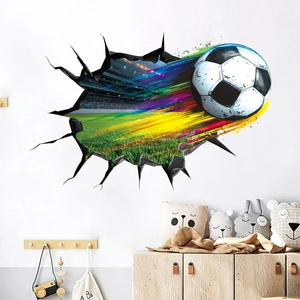 Detail of 3D football wall sticker featuring rainbow trail and stadium background