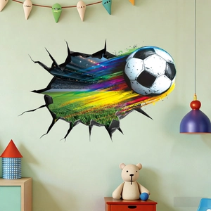 3D football wall sticker with rainbow tail breaking through a wall for home decoration