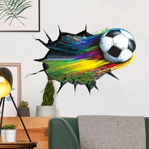 3D football wall sticker showing a dynamic ball breaking through a wall into a stadium