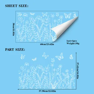 Size guide for white butterfly floral window stickers showing sheet and layout dimensions