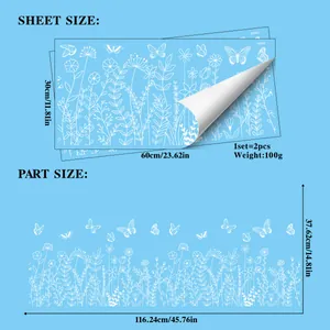 Detailed size chart for white butterfly and floral static glass stickers 30x60cm