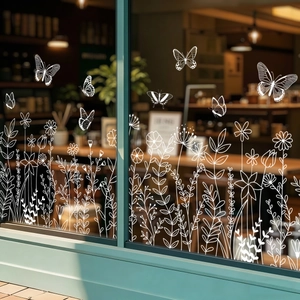White minimalist butterfly and floral static cling stickers for shop window decoration