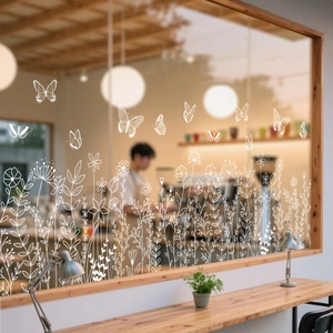 White butterfly flower static glass stickers for shop window decoration in cafe setting