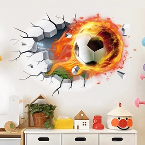 3D football wall sticker with flame effect breaking through wall for sports room decor