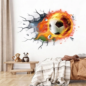 3D flame football wall sticker breaking through wall for children room decor