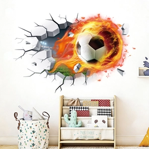 3D flame football wall decal with cracked wall effect for home sports decor