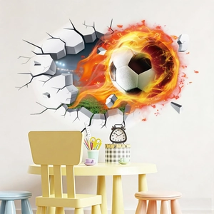 3D football fire wall sticker showing a soccer ball breaking through a wall decor