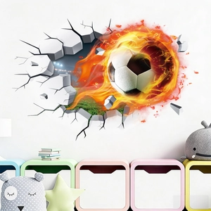 3D flame football wall sticker with broken wall effect for sports themed room decor