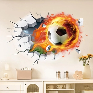 3D flaming football wall decal shown in a modern living room setting with a white cabinet