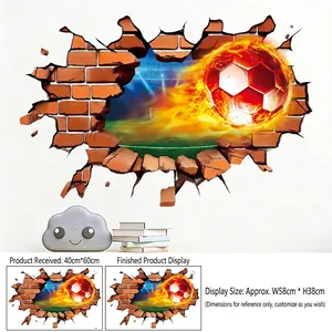 Detailed 3D soccer wall sticker dimensions showing a flaming ball breaking through the wall