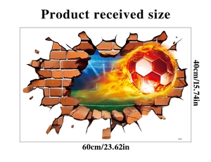 3D football breaking wall decal with flaming soccer ball effect and size dimensions