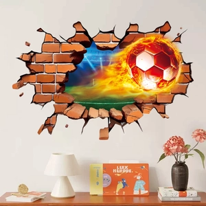 3D soccer ball wall sticker breaking through a brick wall with stadium background
