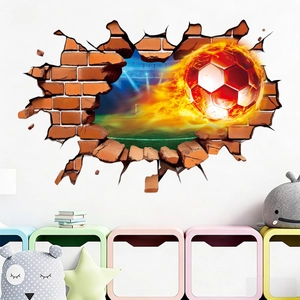 Creative 3D flaming soccer wall sticker crashing through a brick wall for home decoration