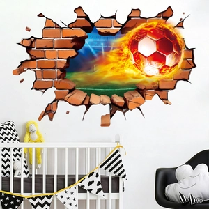 3D football wall sticker with fire trail effect breaking through wall for room decor