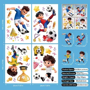 Dettaglio di 4 fogli di adesivi elettrostatici calcio 2026 con bambini e trofei cartoon