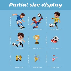 Tabella taglie per 9 adesivi da calcio con dimensioni dettagliate per giocatori e trofei