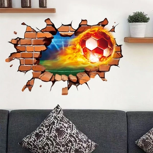 3D football wall sticker with flame trail and broken brick wall effect in a stadium