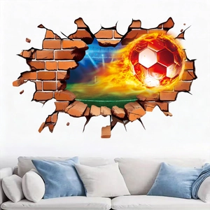 Detailed 3D broken wall football sticker with fire effect above a modern sofa