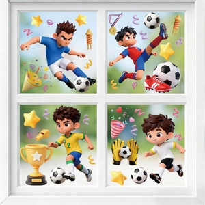 Adesivi Statici Finestra Calcio Doppia Faccia PVC Removibili Cartone Animato Giocatore Trofeo Decorazione Camera Bambini Vetro
