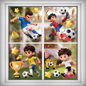 Adesivi per finestre calcio 3D con giocatori di cartoni animati e trofei mondiali