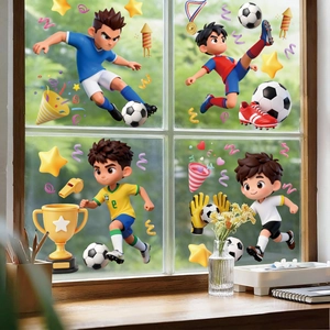 Adesivi per finestre 3D a tema calcio con calciatori e trofeo su vetro realistico