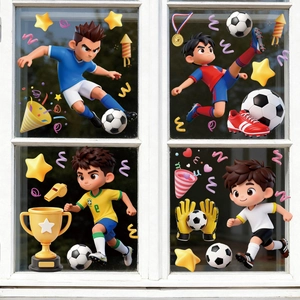 Dettaglio di adesivi 3D per finestre a tema calcio con giocatori colorati e trofei