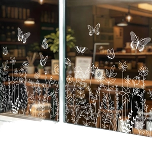 White butterfly and floral static glass stickers for shop window spring decorations