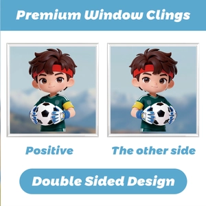 Double-sided window clings showing a cute cartoon soccer boy for 2026 World Cup decor