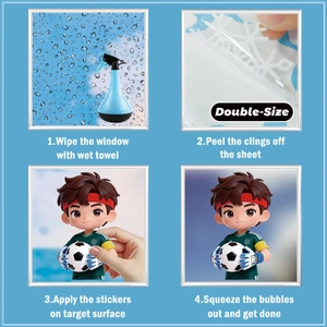 Installation guide for double-sided cartoon soccer static window clings showing four steps